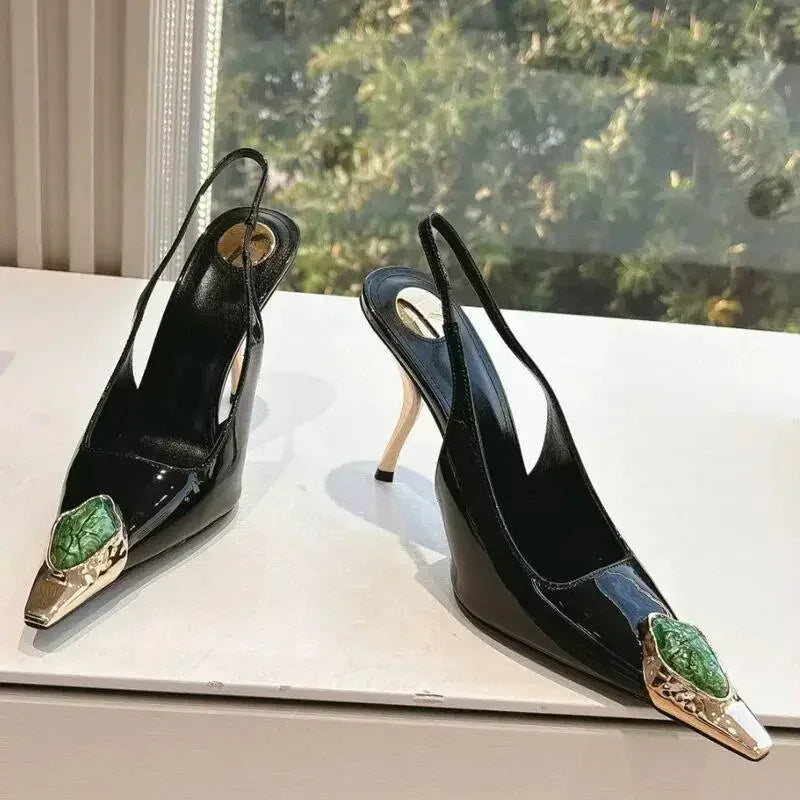 Luxury Metal Jewel Decoration Heels Women 2025 Sexy Pointed Toe Patent Leather Women Pumps Elegant Banquet High Heeled Sandals