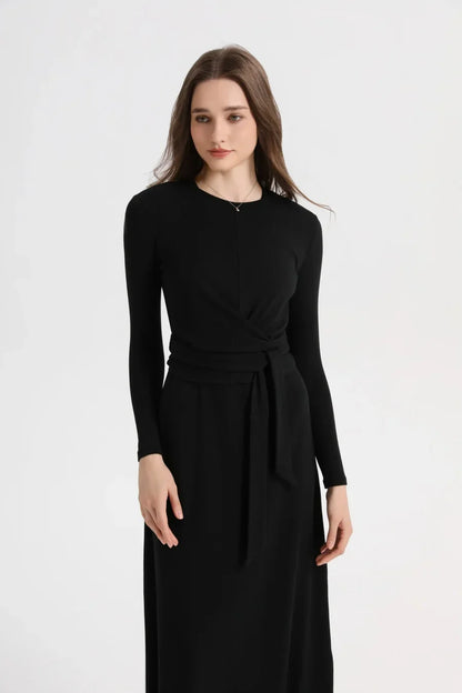 summer ribbing closed-fit wrap tops + Aline dress high Stretch matching sets