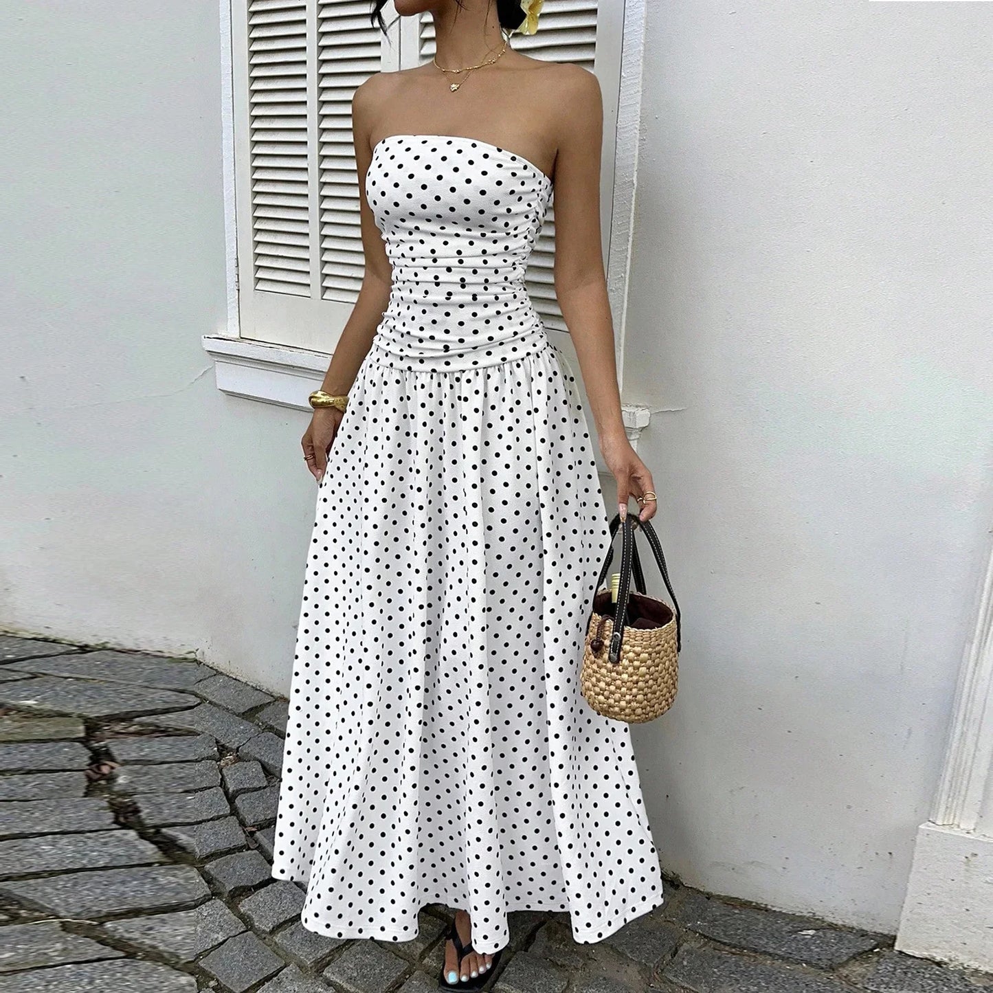 Women's Polka Dot Maxi Dress Off Shoulder A-line Waist Slimming Dress Fashion Evening Gown Retro Elegant Polka Dot Patry Dresses