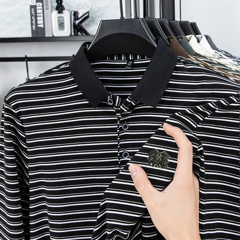 Men's Striped Long Sleeved T-shirt Polo Shirt Button Up Men's Stand Up Collar, Winter Double-sided German Velvet Base Shirt