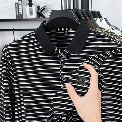 Men's Striped Long Sleeved T-shirt Polo Shirt Button Up Men's Stand Up Collar, Winter Double-sided German Velvet Base Shirt