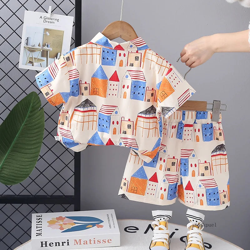 2PC Summer Boys' Short-sleeve Shirt Tops Print Fashionable Outfit for Outdoor Wear New Summer Trendy Set for Kids
