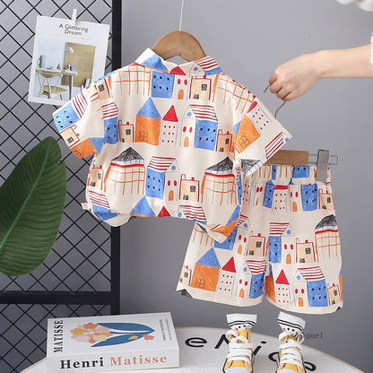 2PC Summer Boys' Short-sleeve Shirt Tops Print Fashionable Outfit for Outdoor Wear New Summer Trendy Set for Kids