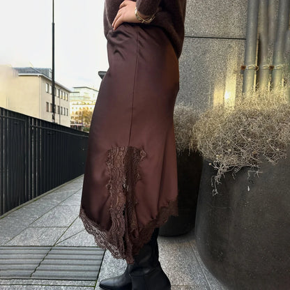 Women Satin Lace Trim Midi Skirt Polka Dot Print High Waist A-Line Skirts Vintage Silk Going Out Dress Y2k Streetwear Clubwear
