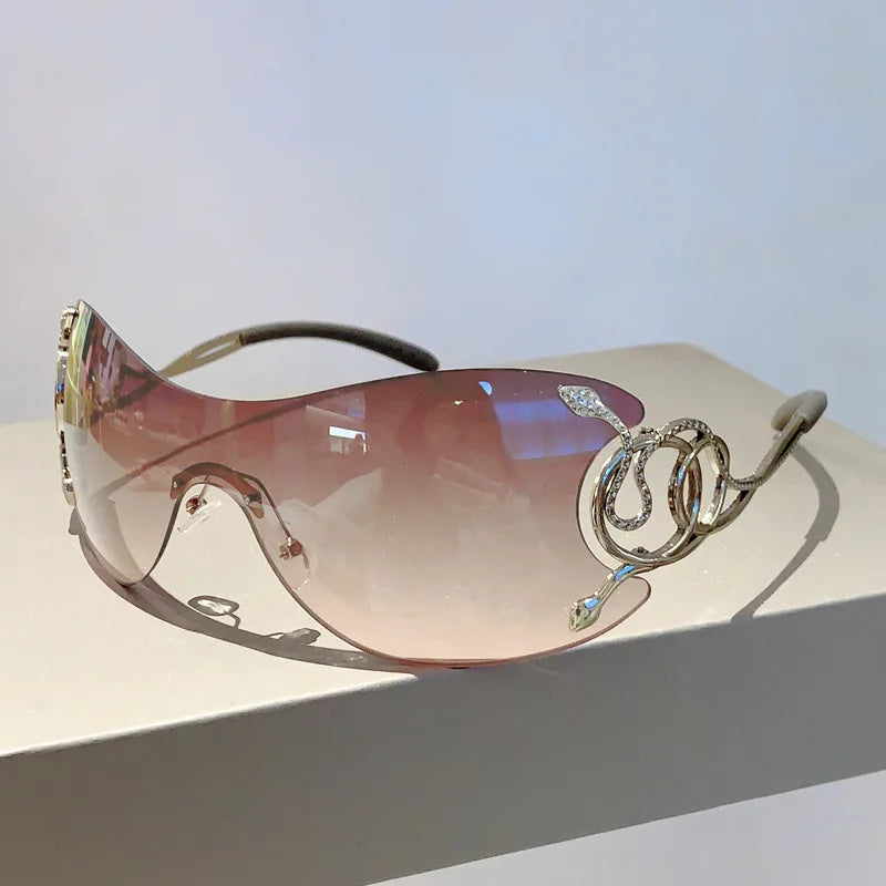 Y2K Rimless Luxury Brand Designer Sunglasses Women For Men One Piece Trendy Oversized Sun Glasses Metal Snake Pink Punk Shades