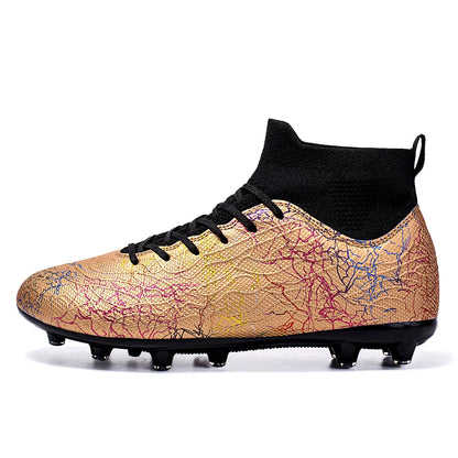 High quality, high-top football shoes, unisex style, comfortable, breathable, available in TF and FG options.  Sole spikes