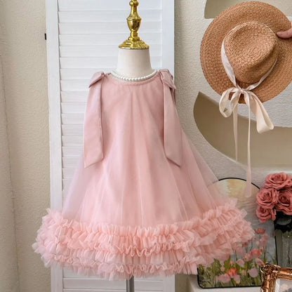 Pink Dreamy Sweet Girl Fairy Princess Dress Sleeveless Bow Decoration Mesh Lace Children's Casual Clothes Birthday Party Summer