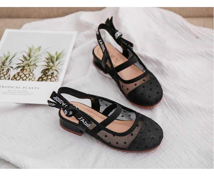 Mesh Black White Polka Dot Shoes Sandals for Girls with Heels Mules Sling Back Shoes for Girls Luxury Shoes for Girls To Dress
