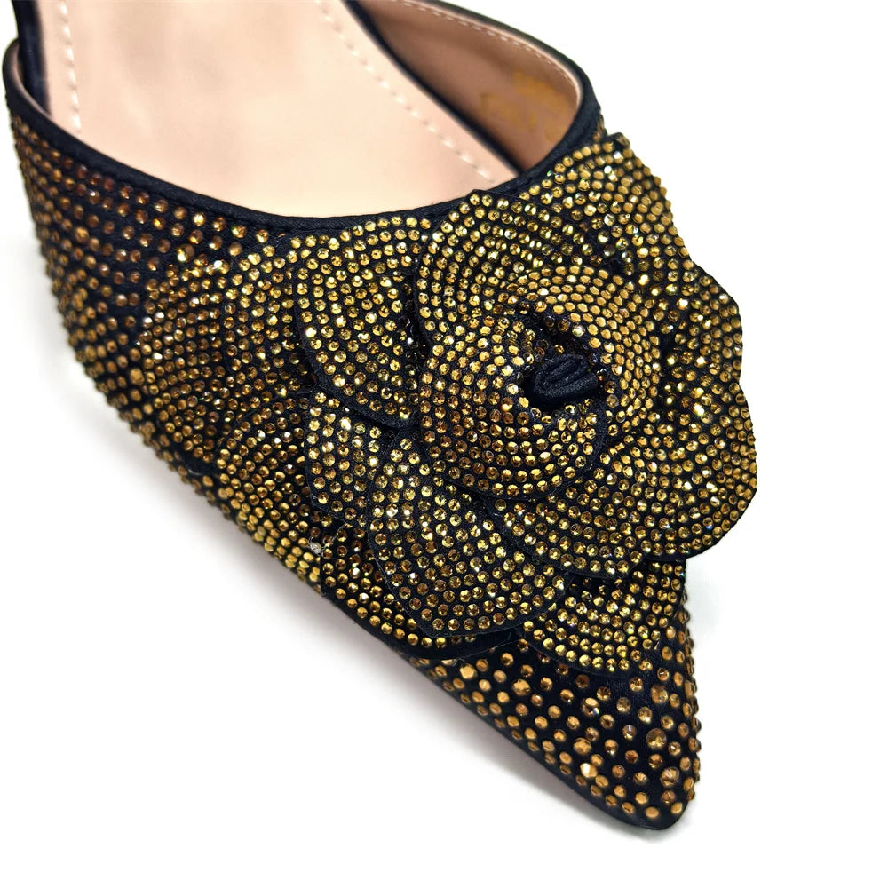 Fashion Ladies Evening Shoes And Bags Paired With Handmade Petal Wine Color Pointed Toe Mid-Heel Nigerian Women Party Shoes