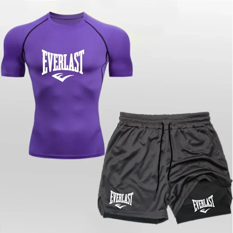 Men's Compress Shirt + 2-in-1 sports shorts 2pcs Set Leisure Breath Short Sleeve Sport Jogging Gym Brand Print Clothing