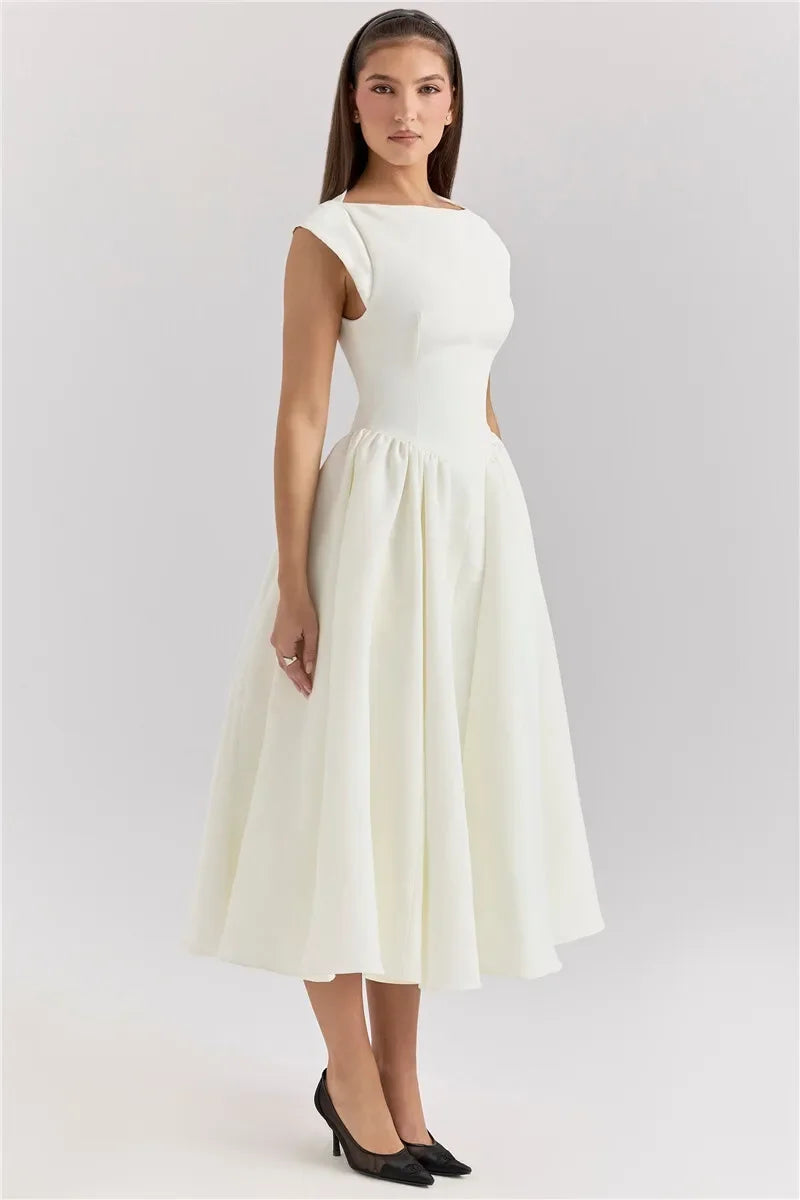 Women Circle Cut Out Back Dress Wide Shoulders and Fitted Waist Prom Dress Fluffy Hem Midi Wedding Party Dresses