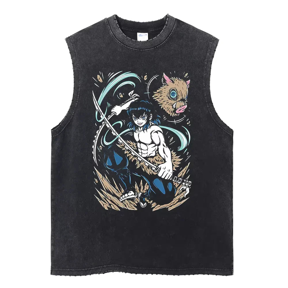 Anime Demon Slayer Printed Men's Tank Tops Summer Y2k Washed Cotton Vintage Gym Vest Women's Casual Sleeveless Shirts Steetwear