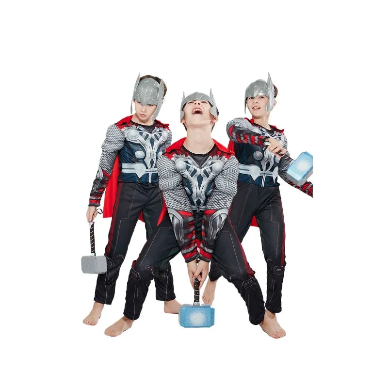 Children Thor Muscle Cosplay Costumes Cloak Boy Superhero Costume with Mask Jumpsuits Halloween Carnival Clothes for Kids