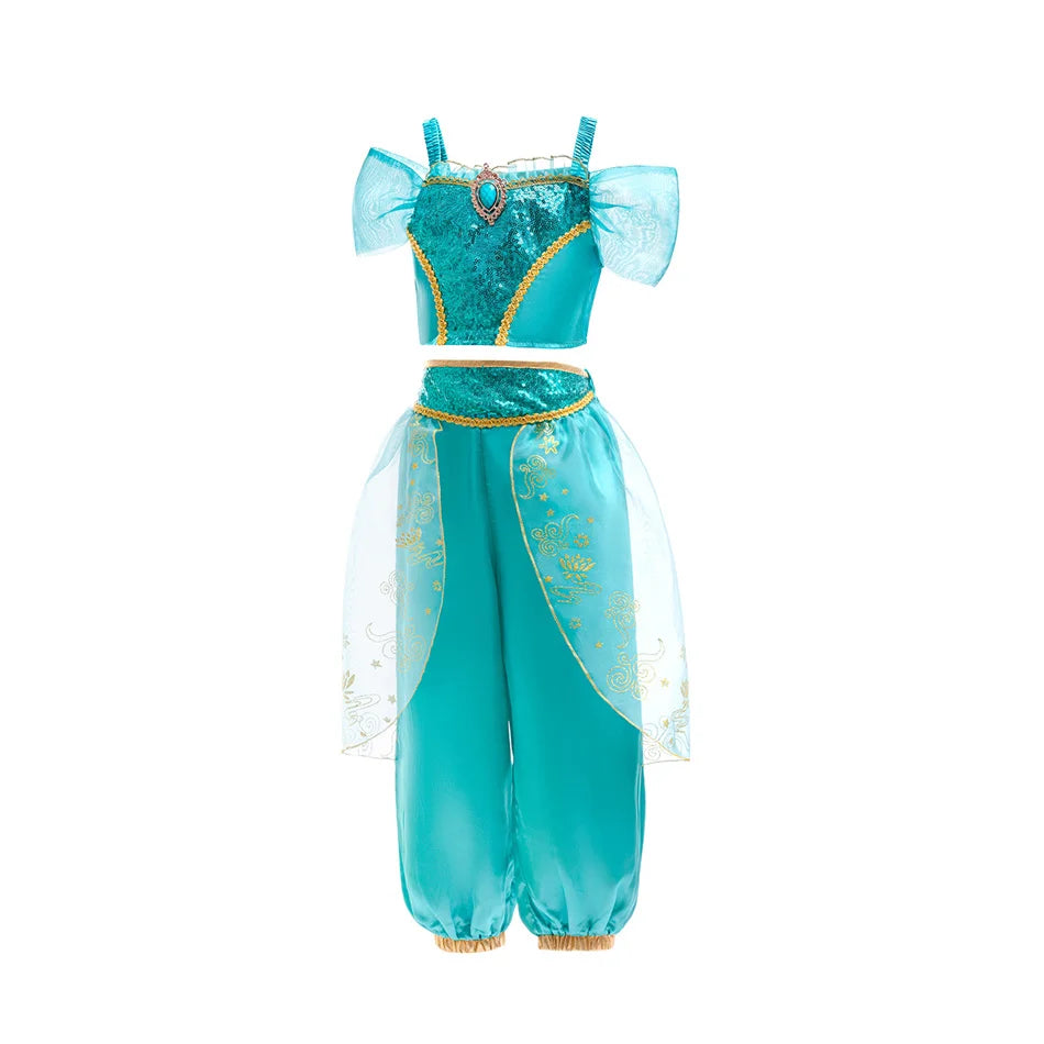 Aladdin Princess Girl Dress Jasmine Two-piece Set Kids Film Role Play Costume Halloween Party Clothes Children Birthday Gift