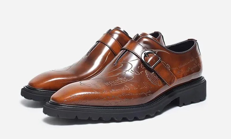 High-end Square-toe Slip-on Buckle Strap Leather Shoes Men Italian Formal Shoes Laser Engraved Letters Design Wedding Shoes Man