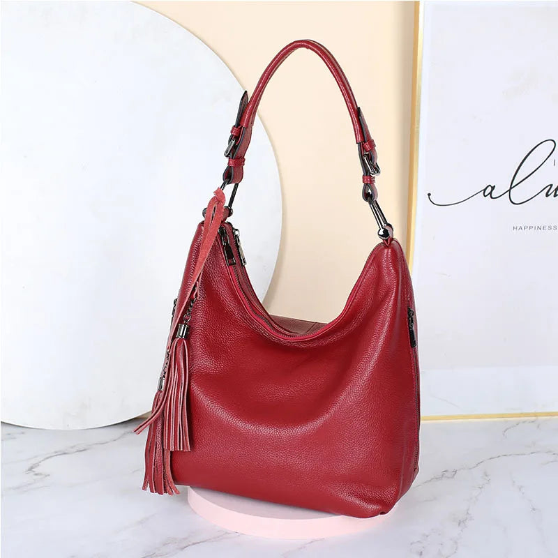 Fashion Tassel Women Shoulder Bag 100% Genuine Leather Daily Shopping Hobos Classic Large Red Tote Handbag Crossbody Bag