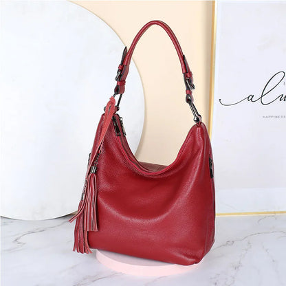 Fashion Tassel Women Shoulder Bag 100% Genuine Leather Daily Shopping Hobos Classic Large Red Tote Handbag Crossbody Bag