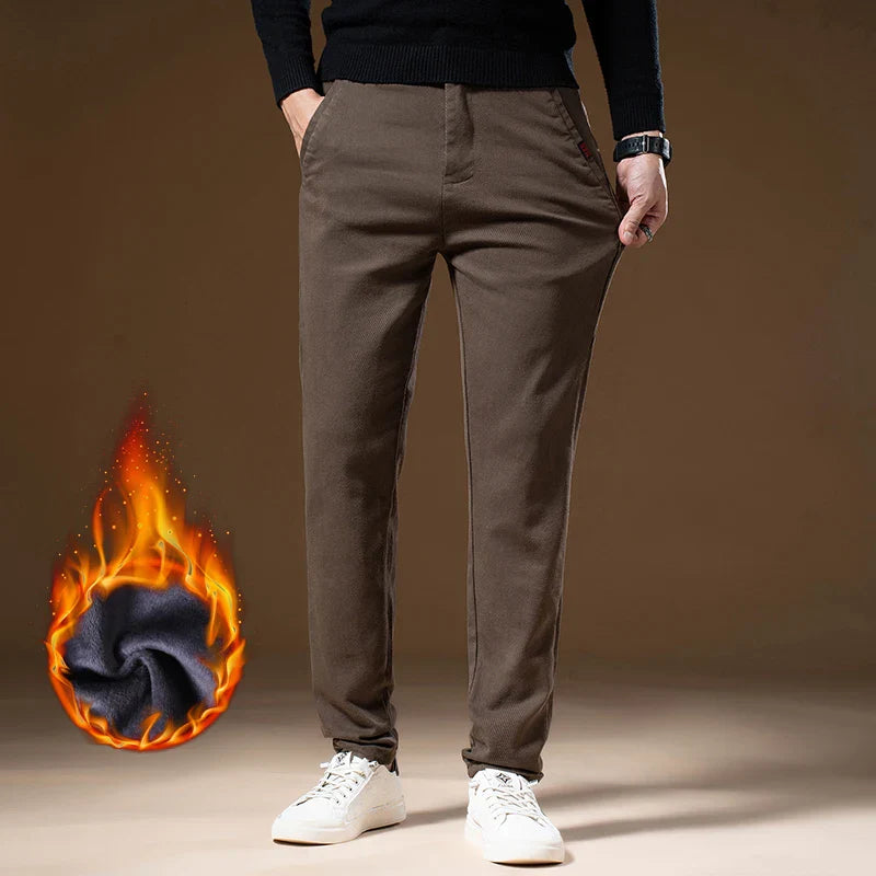 Korean Business Casual Fleece Men Pants Winter Thickened Straight Thermal Casual Pants Male Fashion Stretch Warm Velvet Trousers