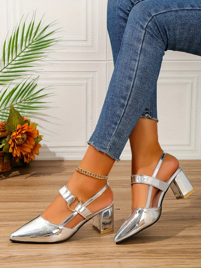Women's Pointed Toe Block High Heel Sandals, Fashion Solid Color Slingback Shoes, Versatile Mid Heels