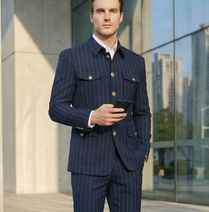 Elegant Dark Blue Striped Men's Suit Slim Fit Double-Breasted Jacket And Trouser Set Fashionable Collarless 2-Piece Suit