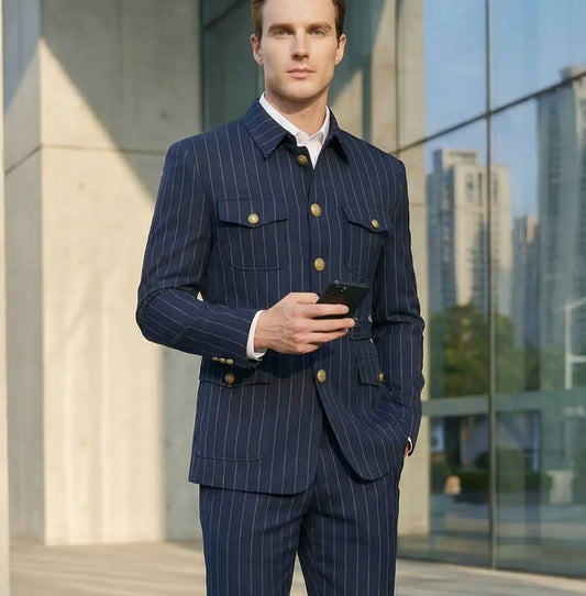 Elegant Dark Blue Striped Men's Suit Slim Fit Double-Breasted Jacket And Trouser Set Fashionable Collarless 2-Piece Suit