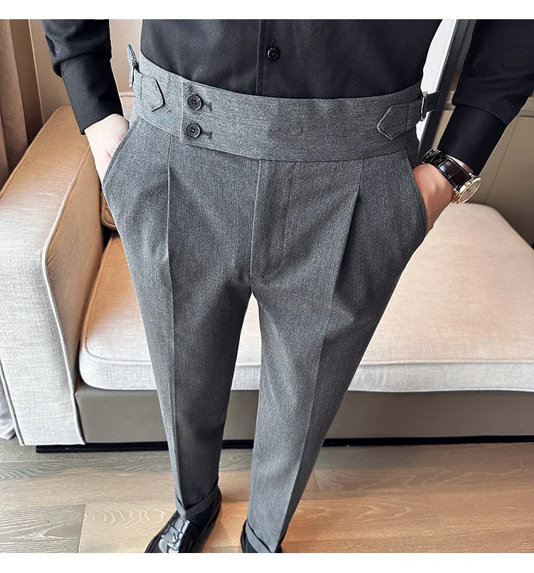 New Spring Autumn High Waist Smart Casual Dress Pants Men Belt Design Slim Suit Pants Formal Wedding Social Party Mens Trousers