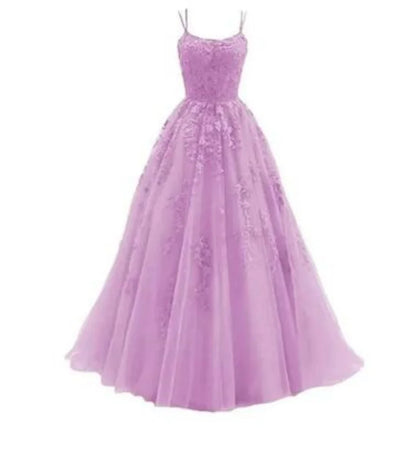 Tulle Spaghetti Straps Prom Dresses Long Lace Appliques Ball Gowns for Women