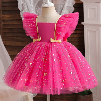Princess Dress for Girls Sequined Star Ruffle Bow Tutu Gown Baby Formal Gala Prom Gown Kids Evening Party Costume