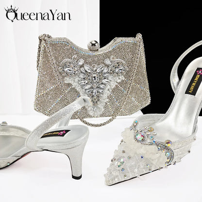 Heel Shoe for Women Hollowed Out Embroidery Rhinestone Italian Design Coffee Color Pointed-Toe Shoes and Bags Set