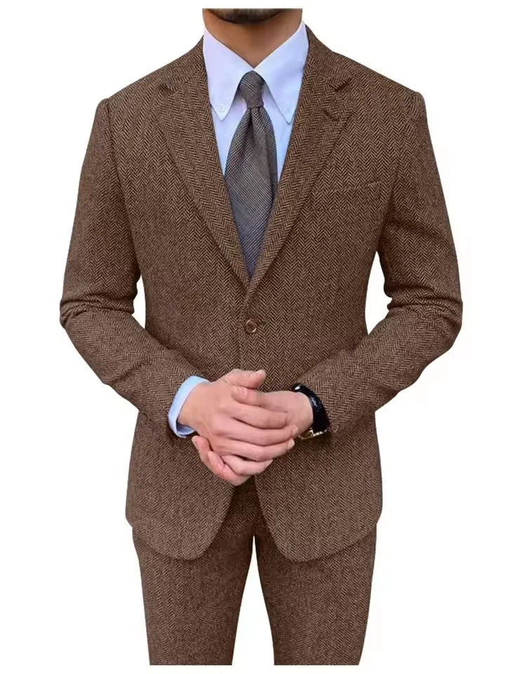 Retro British Men Suit 2 pieces (Blazer+ Vest + Pants)Single Breasted Suit Jacket Formal Fashion Herringbone Wedding Business