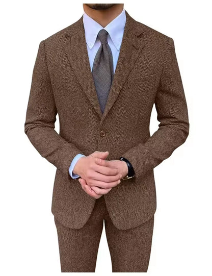 Retro British Men Suit 2 pieces (Blazer+ Vest + Pants)Single Breasted Suit Jacket Formal Fashion Herringbone Wedding Business
