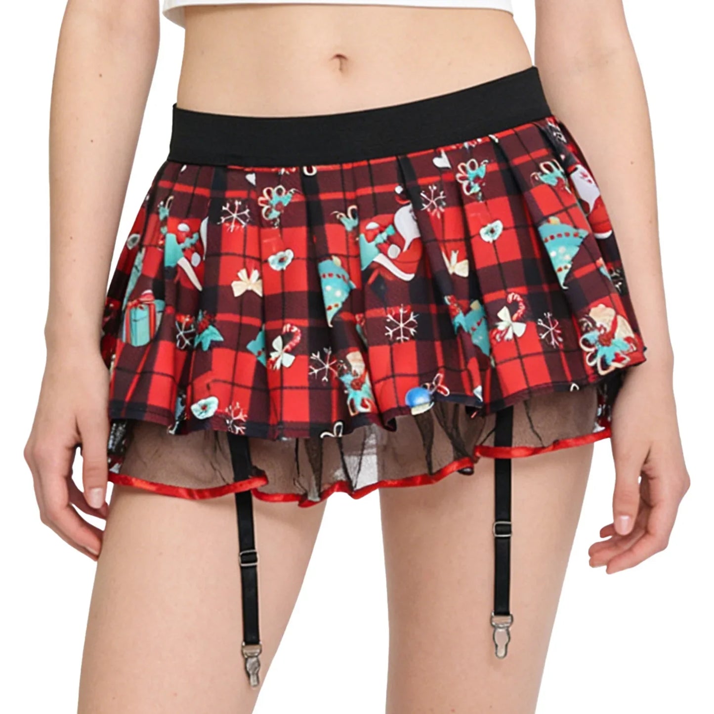 Women's Miniskirt with Garters Schoolgirl Cosplay Costume Plaid Layer with Tulle Lining Elastic Waistband Short Skirt Clubwear