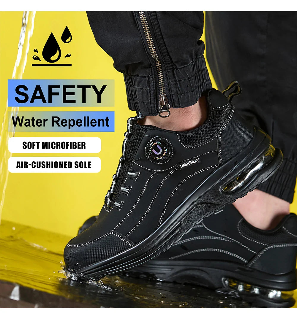 Men's Steel Toe Safety Work Boots Puncture Resistant Kevlar Midsole Air Cushioned Black Button Style Industrial Construction