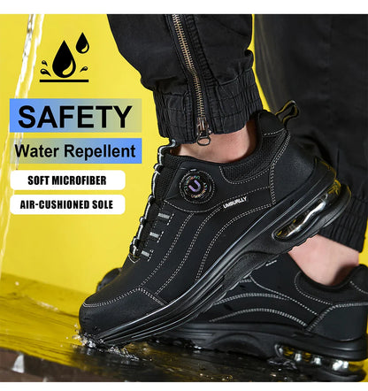 Men's Steel Toe Safety Work Boots Puncture Resistant Kevlar Midsole Air Cushioned Black Button Style Industrial Construction