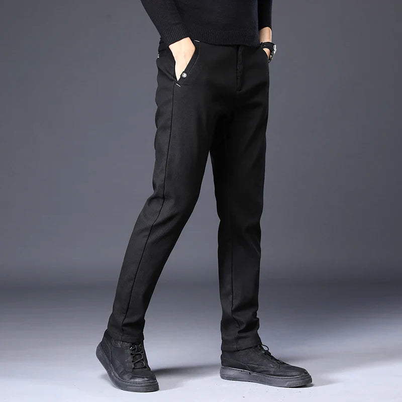 Men's Slim Suit Casual Pants Thick Fashion Embroidered Pocket Trousers Business Baggy Office Comfortable Elastic Pants Male