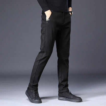 Men's Slim Suit Casual Pants Thick Fashion Embroidered Pocket Trousers Business Baggy Office Comfortable Elastic Pants Male