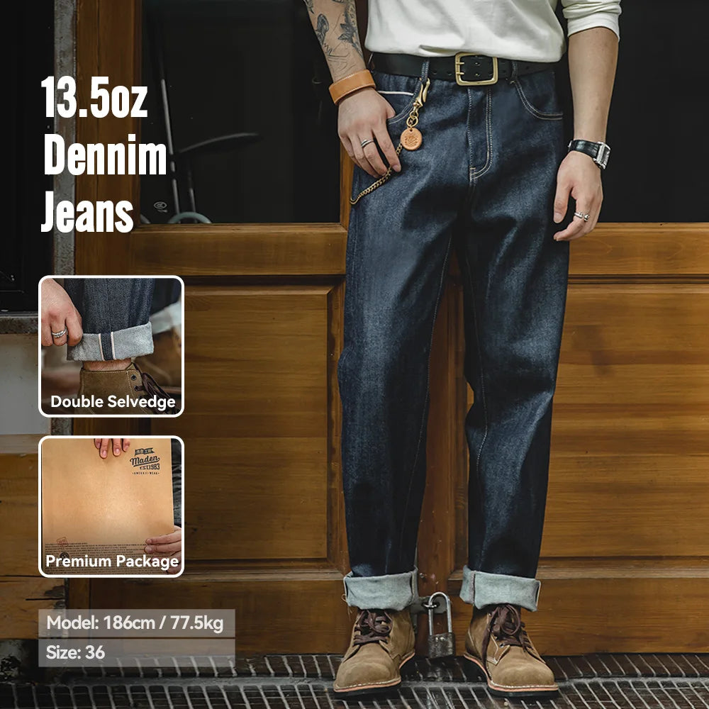 Vintage 13.5oz Heavyweight Selvedge Raw Denim Jeans Men's Straight Fit Cotton Jeans Casual Pocket Trousers Fall Winter