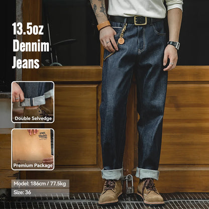 Vintage 13.5oz Heavyweight Selvedge Raw Denim Jeans Men's Straight Fit Cotton Jeans Casual Pocket Trousers Fall Winter