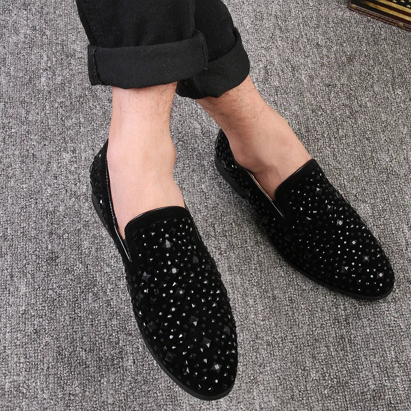 Black Spikes 2022 New Brand Mens Loafers Luxury Shoes Denim And Metal Sequins High Quality Casual Men Shoes
