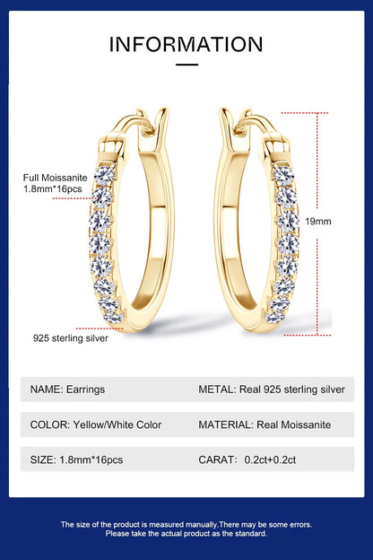 Hoops 1.8mm Moissanite Earrings For Women Real 925 Sterling Sliver Plated Yellow Gold Hoop Earring Fine Jewelry Christmas Gifts