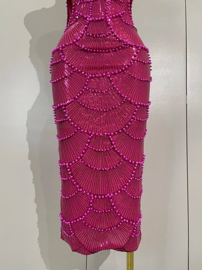 Women Hot Sale Sleeveless Sexy Strap Pearl Beading Sequins Bodycon Long Dress Celebrate Evening Party Birthday Outfit Vestido
