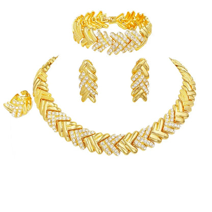 Fashion Crystal Jewelry Set Luxury Gold Plated Necklace Bracelet Wheat Ear Earring Ring Nigeria Wedding Gift 2025 New
