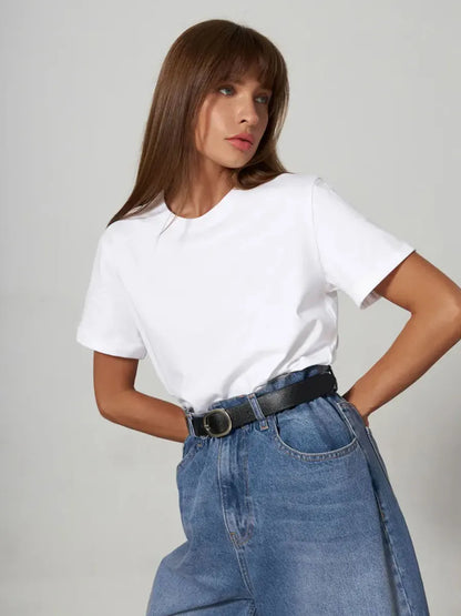 Summer 100% Cotton Women's T-shirt Bottoming Basic Fashionable Solid Lady Short Sleeve Loose Tops Shirts 230g/㎡ Tops