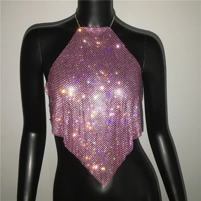 Fashion Summer Backless Tank Top Women Shiny Rhinestone Metal Sequins Halter Neck Camisole Rave Festival Party Crop Tops