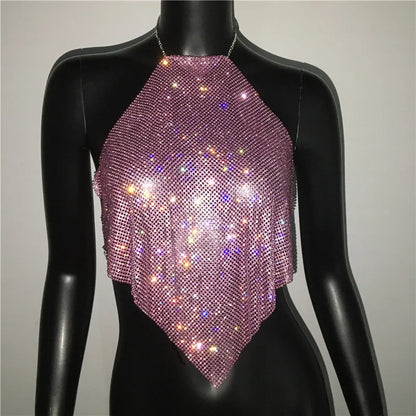 Fashion Summer Backless Tank Top Women Shiny Rhinestone Metal Sequins Halter Neck Camisole Rave Festival Party Crop Tops