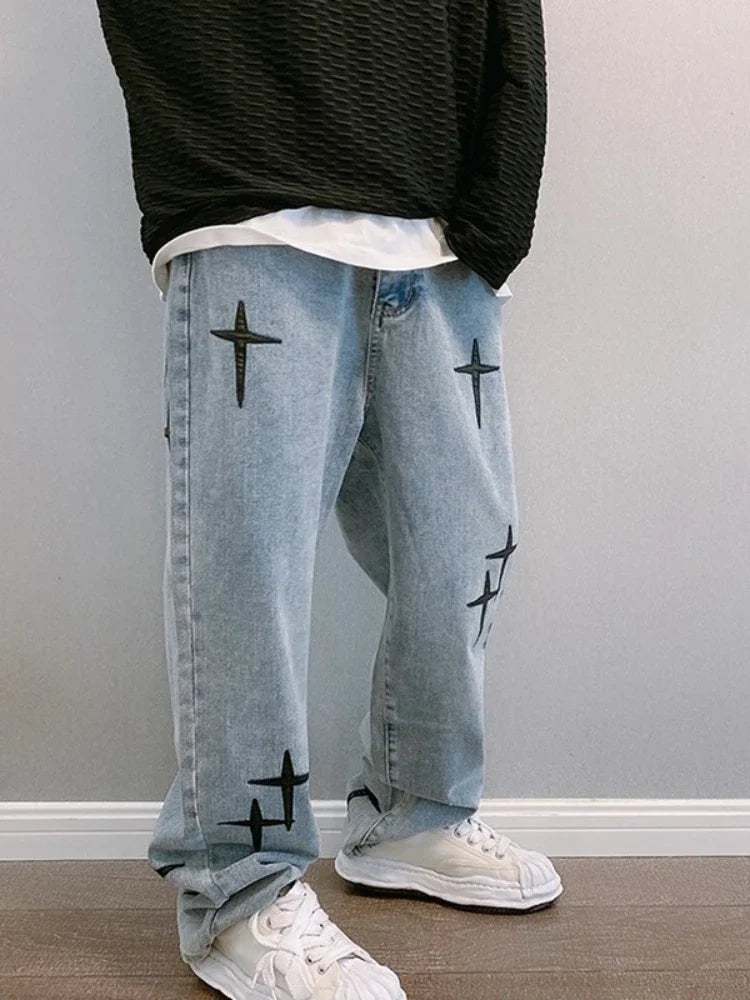 Prints Jeans Men 2026 New Streetwear Baggy Wide Leg Jeans Korean Fashion Drapes Straight Casual Loose Denim Cargo Pants