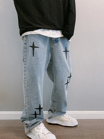Prints Jeans Men 2026 New Streetwear Baggy Wide Leg Jeans Korean Fashion Drapes Straight Casual Loose Denim Cargo Pants