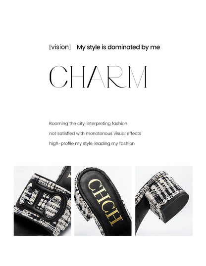 Middle heel square heel slippers fabric fashion casual shoes luxury brand slippers girls street commuter slippers