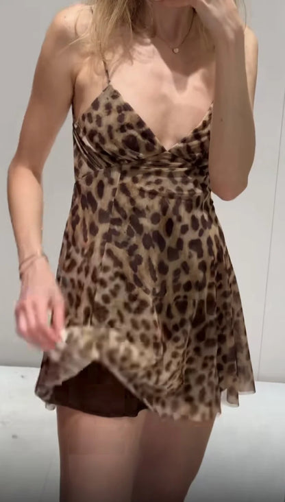 Women's vacation Style printed silk mesh sexy V-neck halter short Dress Hot Girl Dress