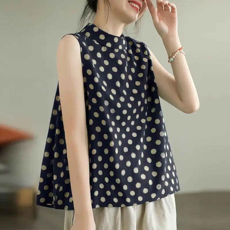 Women Dots Tank Tops 2024 Summer Sleeveless Camis Blouse Korean Fashion Round Neck Shirt Casual Loose Round Neck Tunics